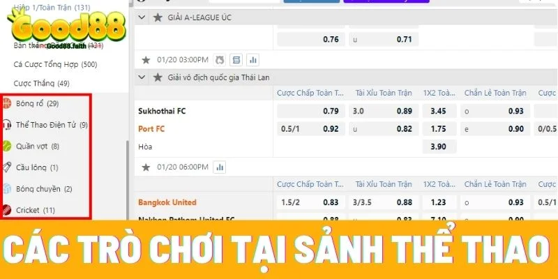 Các trò chơi có mặt tại sảnh thể thao